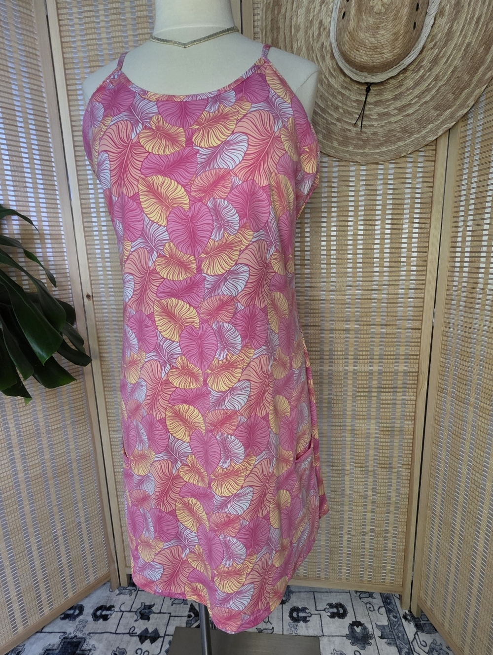 Tropical Leaves Print Fitness Dress with Pockets Peach Pink By POPfit Size 2XL